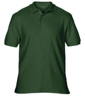 A plain dark green polo shirt featuring a collar and three buttons, identified as the GD042 by Gildan.