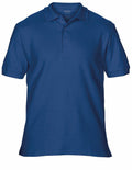 The GD042 polo shirt by Gildan features a simple design in dark blue, with short sleeves and a collar. It includes three buttons down the front and has a smooth fabric texture, neatly showcased against a plain background.