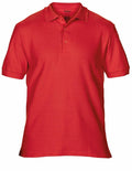 A Gildan GD042 polo shirt in solid red, featuring short sleeves and a classic three-button collar, is elegantly showcased against a white background.
