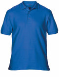 A Gildan GD042, a plain blue polo shirt featuring short sleeves and a collar.