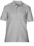 A Gildan GD042 grey short-sleeve polo shirt featuring a collar and three buttons, crafted from a soft and lightweight fabric ideal for casual wear.