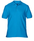 Gildan GD042 blue polo shirt featuring short sleeves and a buttoned collar, presented against a white background.