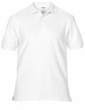 Gildan's GD042 is a white, short-sleeve polo shirt featuring a collar and three buttons down the front. It's plain with no visible logos or designs, making it perfect for casual or semi-formal occasions.