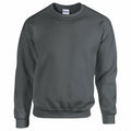 A dark gray, long-sleeve crew neck sweatshirt from Gildan, featuring soft material. The GD056 is plain with no visible designs or logos, except for a small branded label at the neckline inside. It has ribbed cuffs and a ribbed waistband.