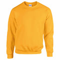 A vibrant yellow Gildan GD056 crewneck sweatshirt is showcased against a white background, featuring long sleeves and a timeless design with ribbed cuffs and hem.
