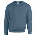A Gildan GD056 plain, long-sleeved, blue crewneck sweatshirt is showcased against a white background, featuring soft and comfortable fabric, along with simple ribbed cuffs and waistband.