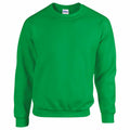 Introducing the Gildan GD056: a vibrant green crew neck sweatshirt featuring long sleeves and crafted from soft fabric. This sweatshirt has a simple, unadorned design with ribbed hem and cuffs for added comfort.