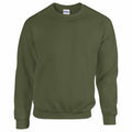 Introducing the GD056 by Gildan: This sweatshirt features a plain olive green color, long sleeves, and a crew neckline. The soft and comfortable fabric makes it ideal for casual wear.