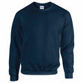 A plain dark blue long-sleeve sweatshirt with a crew neck from Gildan, product name GD056, is displayed against a white background. The sweatshirt features ribbed cuffs and hem, offering a simple and casual design.