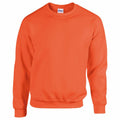 The Gildan GD056 is an orange crewneck sweatshirt set against a white background, featuring a soft material with ribbed neckline, cuffs, and waistband.