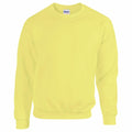 A long-sleeved, crewneck sweatshirt in bright yellow by Gildan (Product Name: GD056) is shown on a white background. The sweatshirt is plain with no additional designs or patterns.