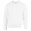 A Gildan crewneck sweatshirt, product GD056, is featured against a white background. It has a plain white design with long sleeves and a ribbed hem and cuffs.