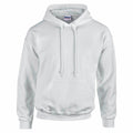 Gildan GD057 hooded sweatshirt in white, featuring a front pocket and drawstrings.