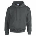 A plain dark gray hoodie featuring long sleeves, a front pocket, and a drawstring hood. The visible fabric label proudly displays the Gildan brand name. The GD057 hoodie is neatly presented against a plain white background.
