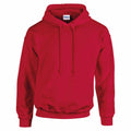 Gildan's GD057 features a plain red hooded sweatshirt with drawstrings and a front pocket, displayed against a white background.