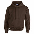 A Gildan GD057 plain brown hoodie featuring a front pocket and drawstring hood is displayed on a white background.
