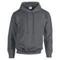 Introducing the Gildan GD057: a gray hooded sweatshirt featuring a front pocket and drawstrings, showcased against a plain white background.