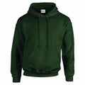 A forest green hoodie from Gildan, model GD057, is displayed. It has a front pocket and drawstring hood, and is plain with no design or logos.