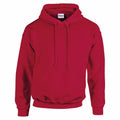 The Gildan GD057 features a plain red design with a front pocket, drawstrings, and a hood, displayed against a white background.