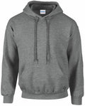 The GD057 by Gildan is a plain gray hoodie featuring a front pocket and adjustable drawstrings, presented against a white background.