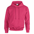 A vibrant pink hoodie featuring a front pocket and drawstrings, showcased against a white background. The label reads Gildan, and the product name is GD057.