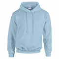 A Gildan GD057 hoodie, featuring a plain light blue color with a front pocket and drawstring hood, is displayed against a white background. This hoodie is designed for casual wear.