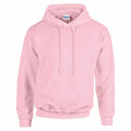 A Gildan GD057 hoodie in light pink, featuring a front pocket and drawstrings. It boasts a casual design with ribbed cuffs and hem, making it ideal for everyday wear. The hoodie is showcased against a plain white background.