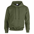 A plain olive green hoodie featuring a front pocket and drawstring hood, set against a white background, with a label inside the neck area that reads Gildan's product GD057.