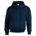 A dark-colored Gildan hoodie, model GD057, featuring a front pocket and drawstring hood, is shown against a white background. The design is minimalistic with no visible patterns or logos on the front.