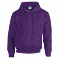 A plain purple hoodie featuring a front pocket and drawstring hood, labeled with the Gildan brand and identified as product GD057.
