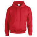 Introducing the Gildan GD057: a vibrant red hooded sweatshirt featuring a clean design, complete with a front pocket and drawstring, showcased against a white background.