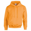A vibrant hooded sweatshirt from Gildan's GD057 line, featuring a bright orange color with a drawstring hood and front pocket, showcased on a simple white backdrop.
