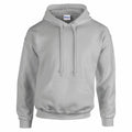 A Gildan GD057 plain gray hoodie featuring a front pocket and adjustable drawstrings. The fabric seems soft and comfortable, making it ideal for casual wear.