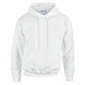 The Gildan GD057 is a plain white hoodie featuring a front pocket and a drawstring hood, showcased against a white background.