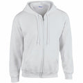Gildan's GD058 hoodie features a white color with a zip-up front, pockets, and a drawstring hood.