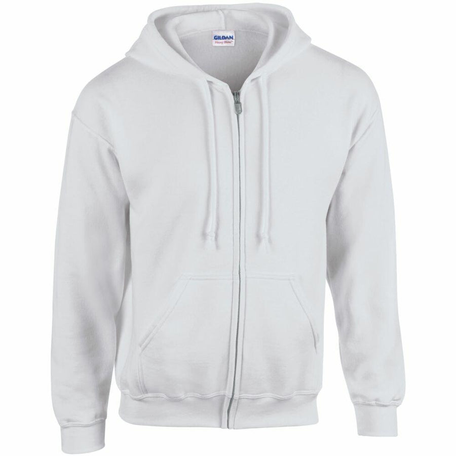 Gildan's GD058 hoodie features a white color with a zip-up front, pockets, and a drawstring hood.