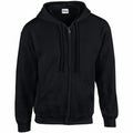 Gildan GD058 black zip-up hoodie with a hood and pockets, displayed against a white background.