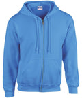 Gildan GD058 blue zip-up hoodie featuring front pockets and a hood.