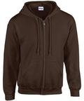 A brown GD058 zip-up hoodie from Gildan, featuring a front zipper, drawstring hood, and two front pockets, with the brand tag visible at the collar.
