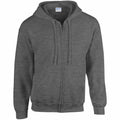 The Gildan GD058 is a gray zip-up hoodie featuring a front pocket and hood, displayed against a white background, showcasing its full front view.