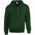 A dark green zip-up hoodie featuring a front zipper and two pockets, complete with long sleeves and a hood with a drawstring. The label inside the neckline reads Gildan, and the product is identified as GD058.