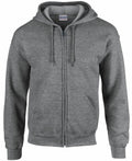 Introducing the GD058 by Gildan: a gray full-zip hoodie featuring a drawstring hood and two front pockets, showcased against a plain white background.