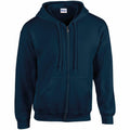 A navy blue zip-up hoodie featuring two front pockets and a hood, with a visible Gildan GD058 label inside the collar.
