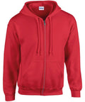 A GD058 hoodie from Gildan in red features a zip-up design with a drawstring hood and front pockets, made from soft and casual fabric. The Gildan brand label is visible inside the collar.