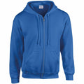 The Gildan GD058 is displayed against a white background, featuring a hood with drawstrings, a full zipper, and two front pockets in plain blue.