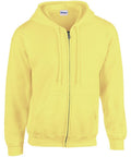 A vibrant yellow Gildan zip-up hoodie, model GD058, featuring a hood and front pockets, displayed against a plain white background.