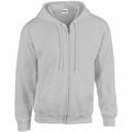 Introducing the Gildan GD058, a light gray zip-up hoodie complete with a hood and convenient drawstrings. This casual piece features a front zipper and two handy pockets, crafted from soft fabric ideal for everyday wear.