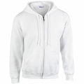 The Gildan GD058 is a plain white zip-up hoodie featuring a hood, front pockets, and a drawstring. It looks unworn and clean, displayed against a white background.