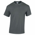 A Gildan GD05B dark grey T-shirt displayed against a white background, featuring a round neckline, short sleeves, and a simple and casual design.