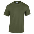 The GD05B by Gildan is showcased against a white backdrop. Featuring a classic crew neck and short sleeves, this plain olive green T-shirt also displays its label visibly at the neckline.